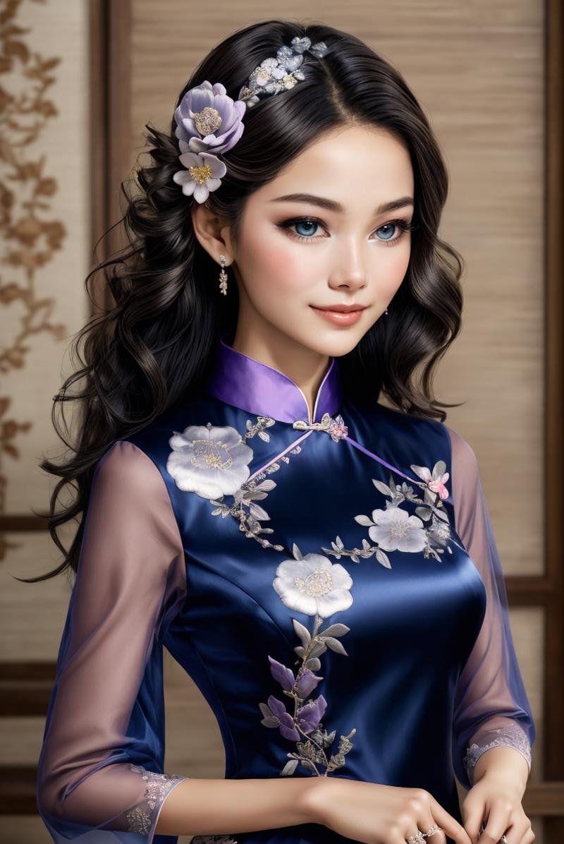 00187-Art for Weddings cowboy shot, (black wavy hair_1.3), woman,  smile, ch30ngs4m_1,  blue long silk cheongsam, silver and pale lave.png